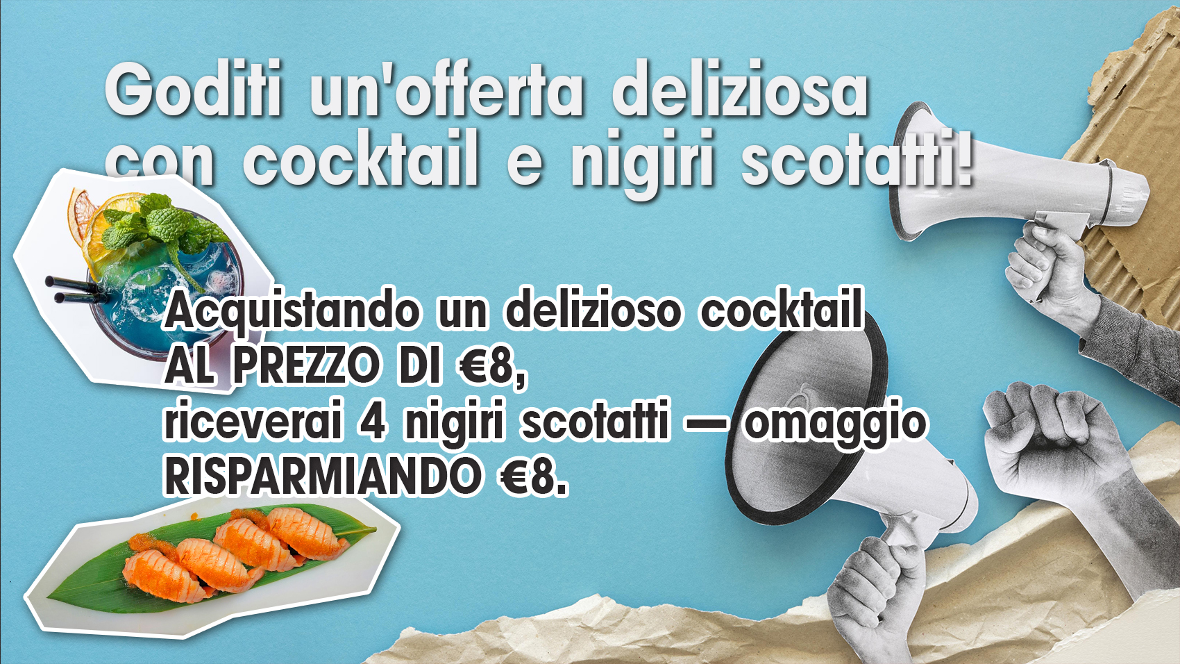 Banner promozionale Formula Sushi con cocktail e nigiri in omaggio