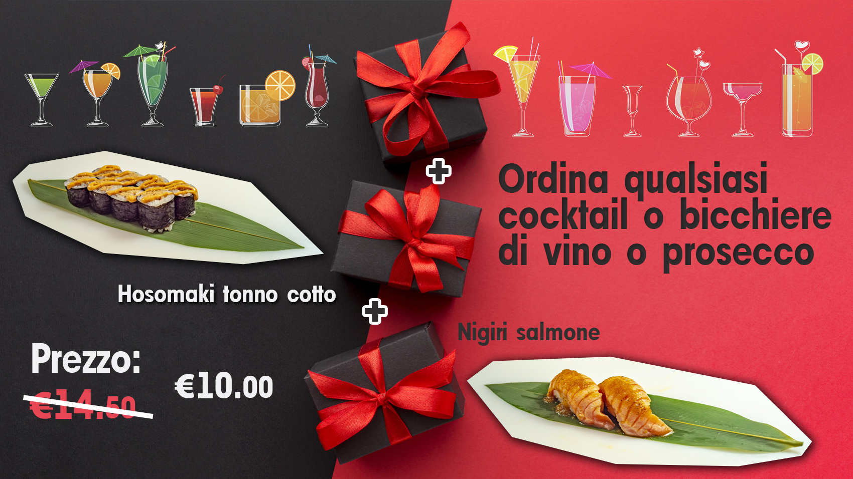 Campagna promozionale Formula Sushi con cocktail, hosomaki e nigiri